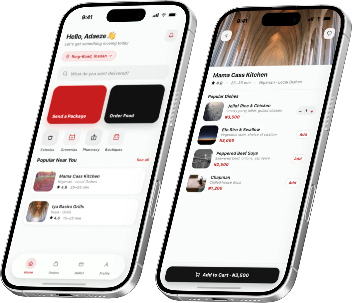 Okim Logistics app home screen with Send a Package and Order Food, and a vendor menu for Mama Cass Kitchen showing jollof rice and suya