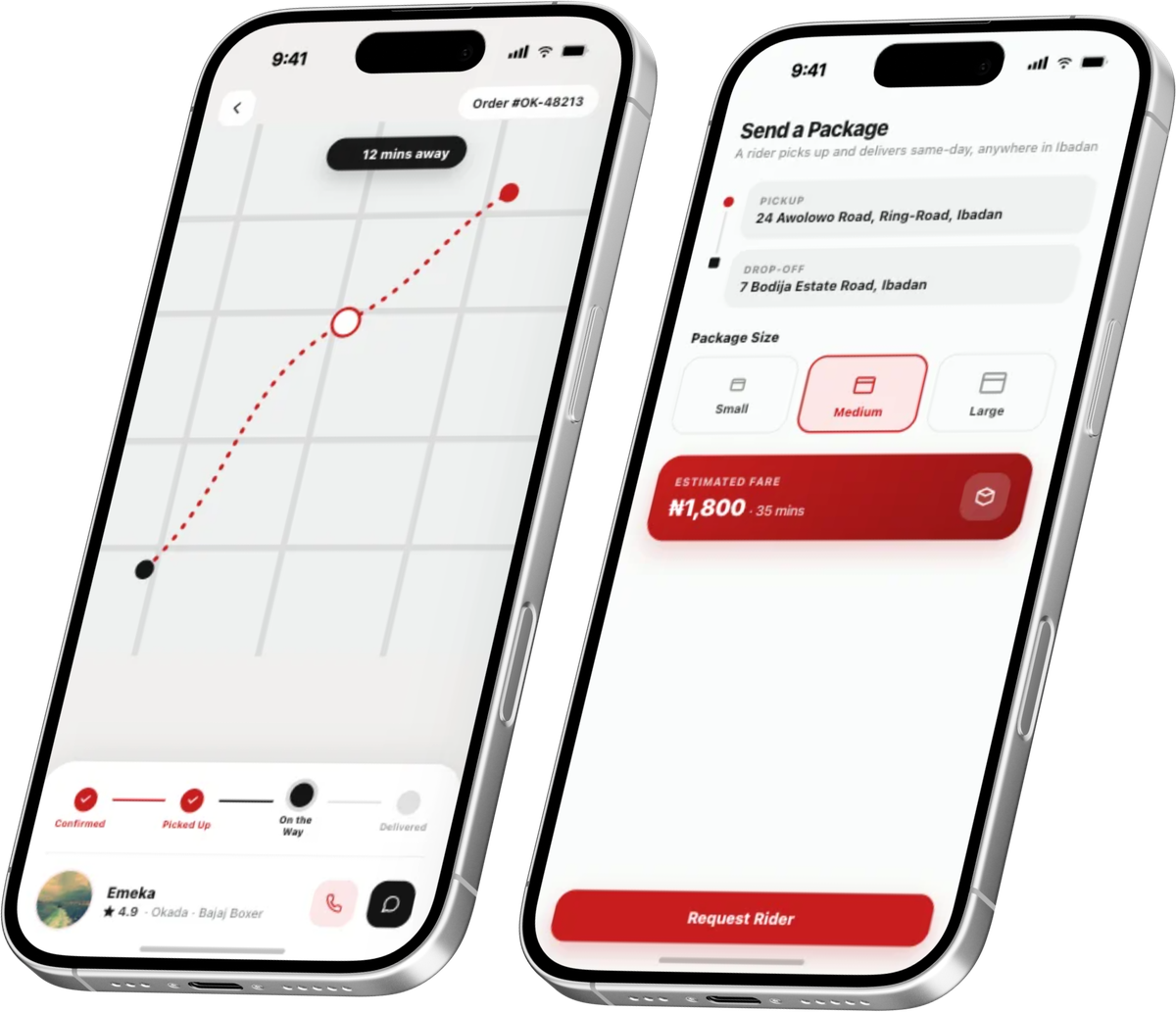 Okim Logistics app showing a live delivery route from pickup to drop-off, and a screen for requesting a rider to send a package in Ibadan